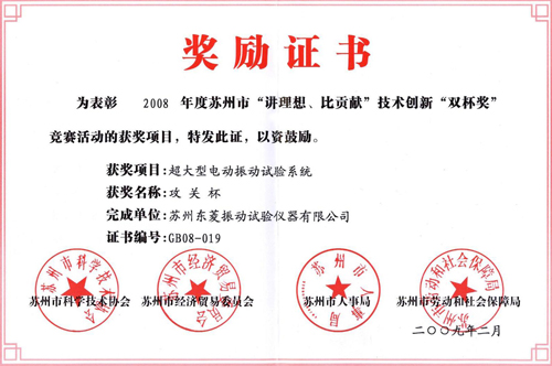 CA888”超大型电动振动试验系统”项目获苏州市2008年度”双杯奖”